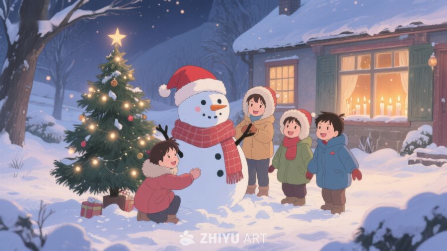 冬夜雪地，孩子们与雪人共度圣诞 104