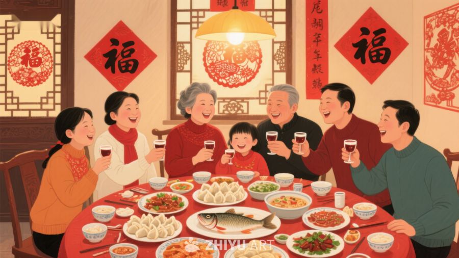 家庭围坐餐桌共庆团圆 558
