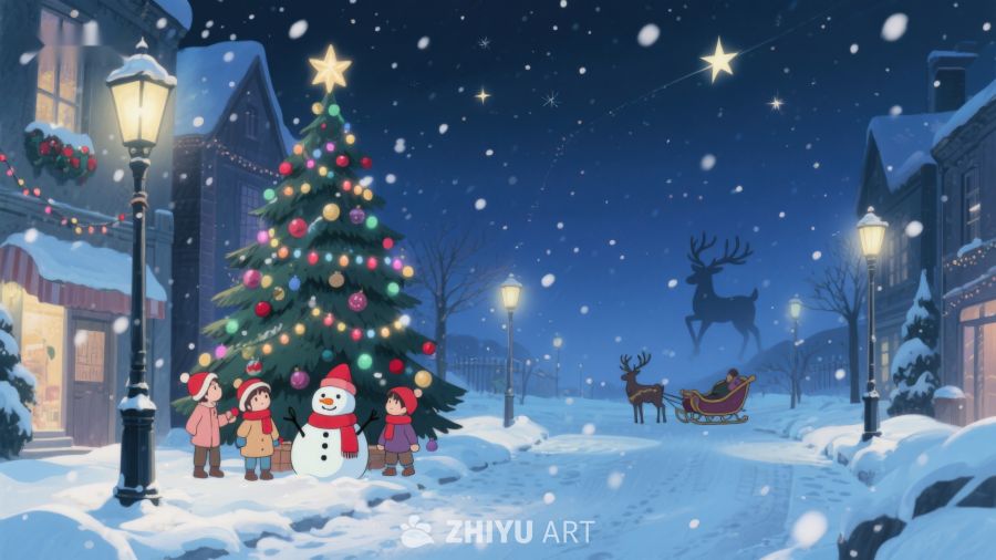 冬夜雪景中的圣诞树与欢乐家庭 123