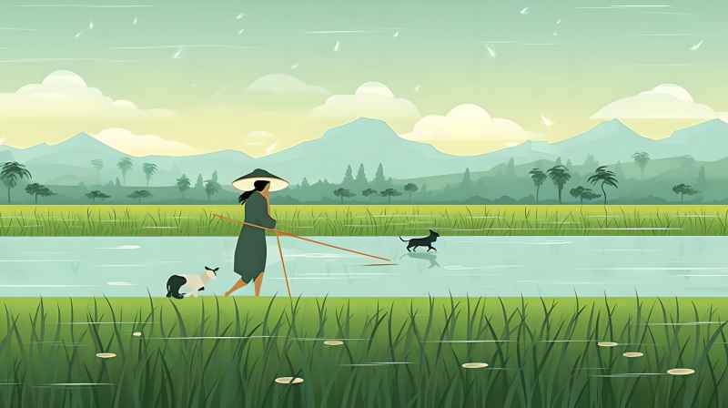 妇女站在稻田与狗，绿色插画风格 14