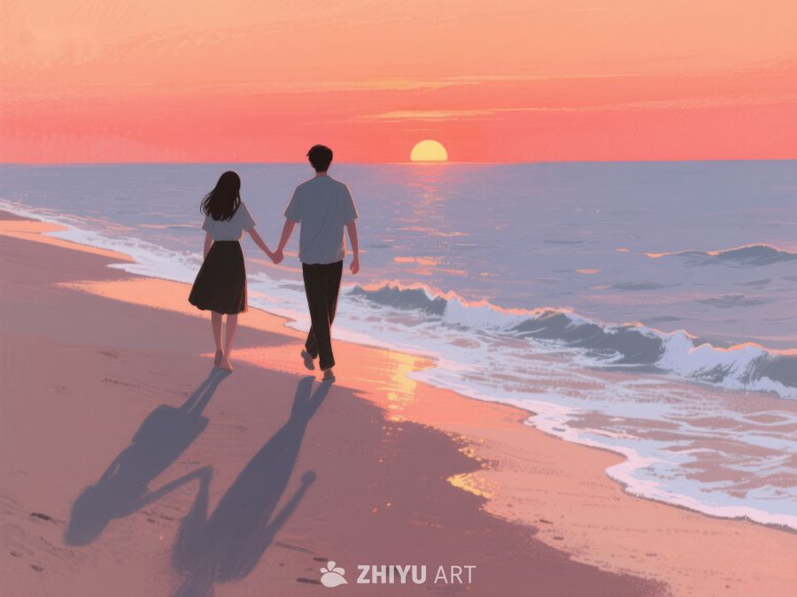 海滩日落，情侣牵手漫步 287