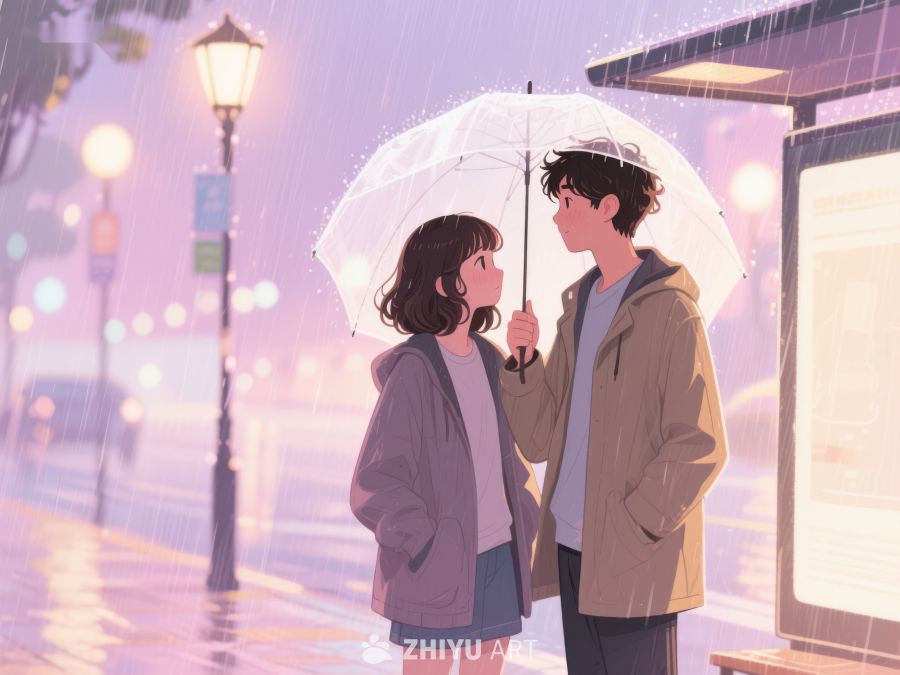 雨中伞下，两人温馨对话 1175