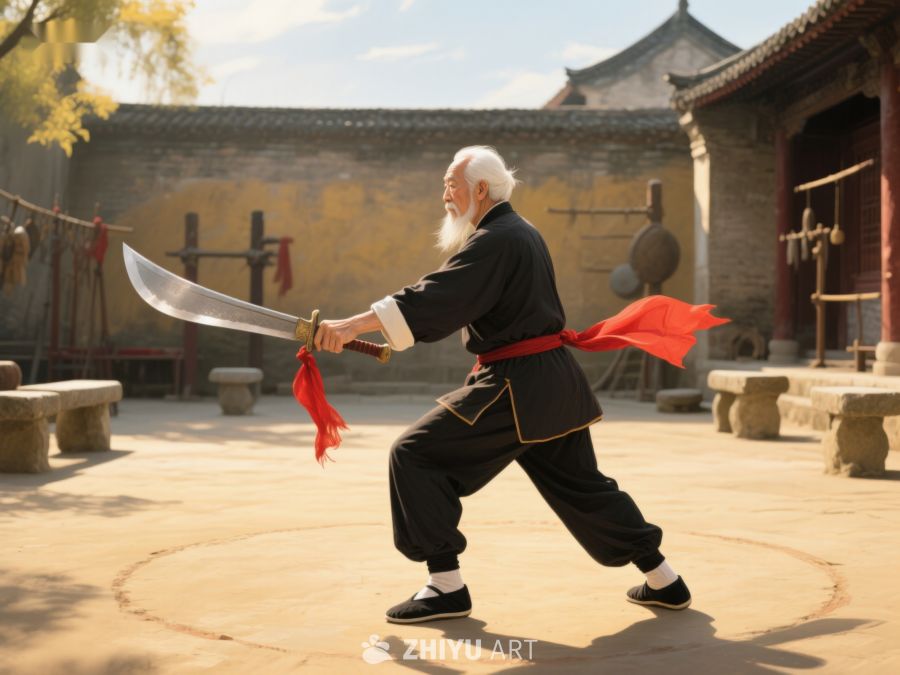 老者庭院舞刀，展现传统武术风采 610