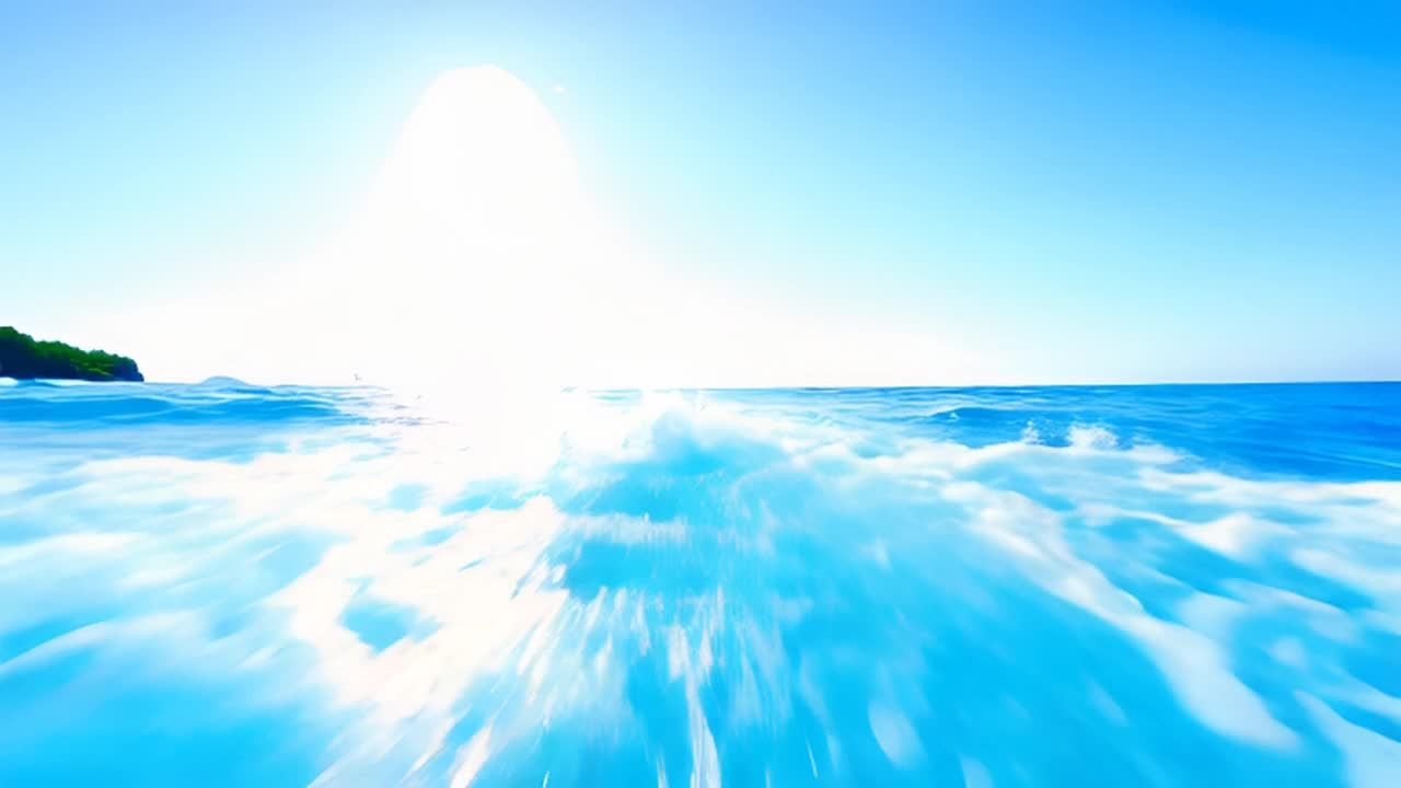 耀眼的阳光照耀着浅蓝色的海面，翻卷着梦幻般的浪花，