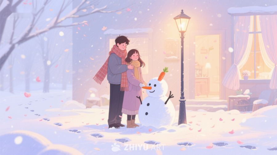 冬日温馨：情侣与雪人 152