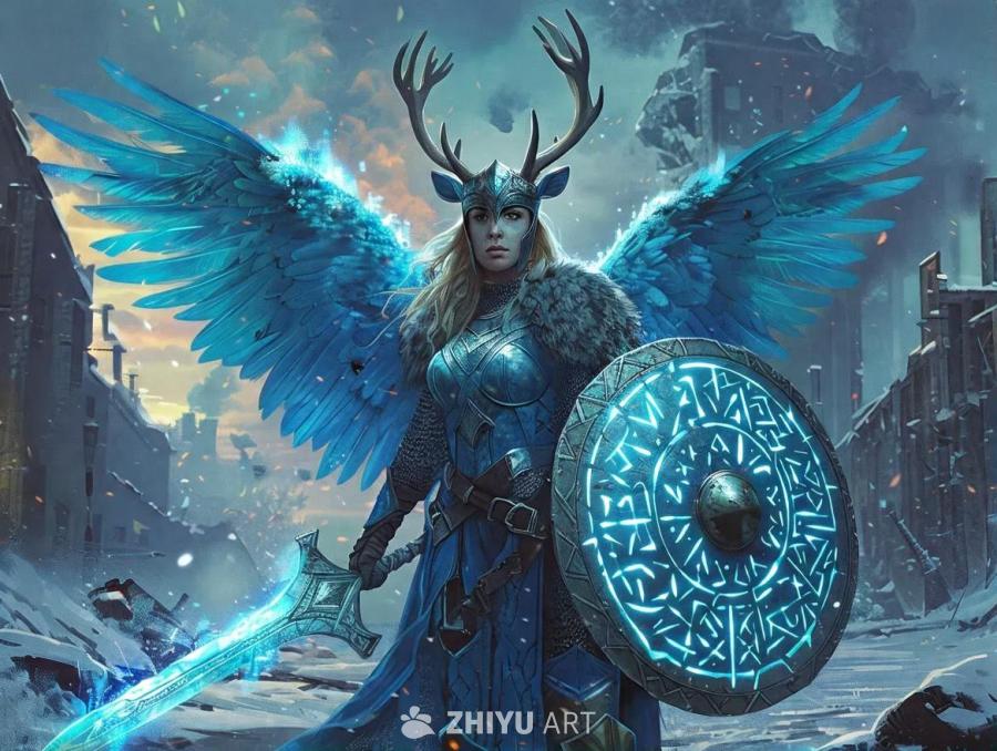 一位身着蓝色斯拉夫符文盔甲、头戴雄鹿角头盔的女武神