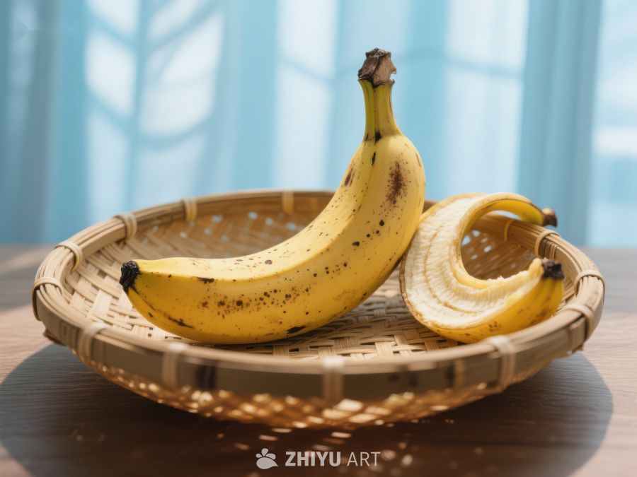香蕉置于竹篮，阳光洒落 577