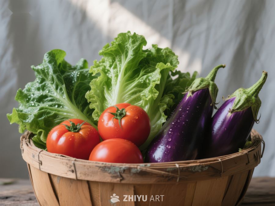 新鲜蔬菜篮：生菜、番茄与茄子 653
