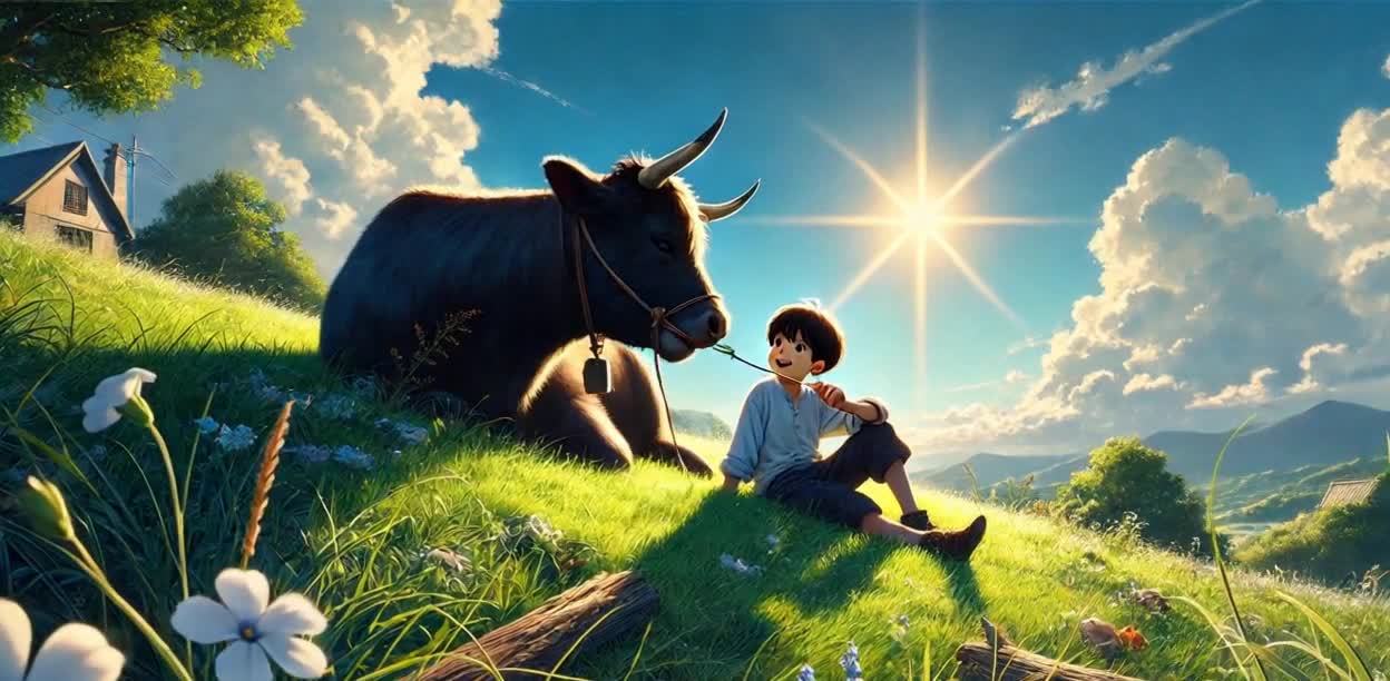 一个男孩坐在长满绿草的山坡上，手里拿着一根带有箭头