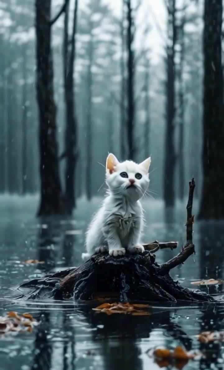 雨中孤独的小猫，栖息在水中树枝上。