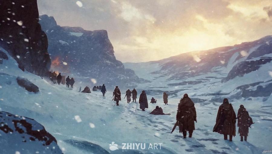 一群探险者和难民在白天的雪地中醒来。远处可见燃烧的