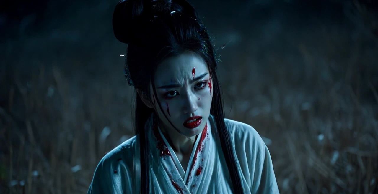浴血女子悲愤凝视前方