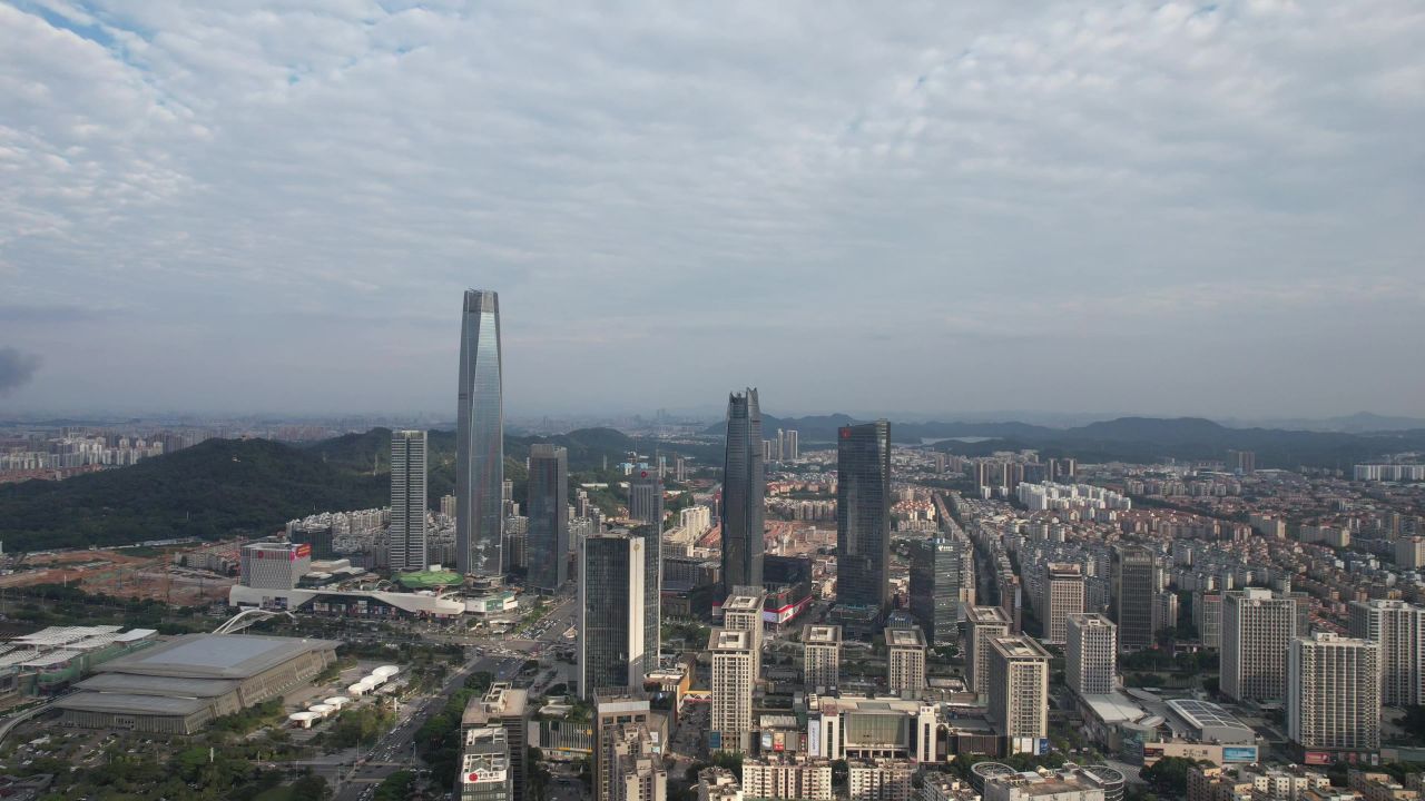 广东东莞城市CBD鸿福路高楼航拍 