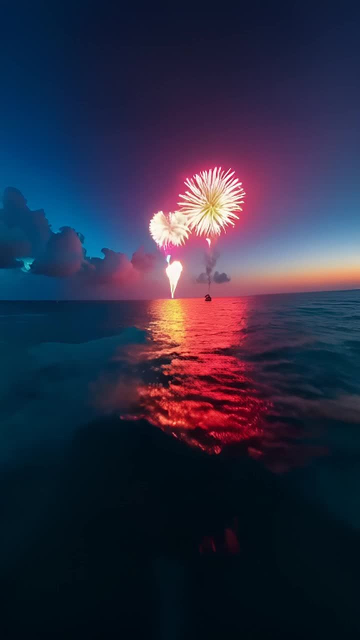 夜空中绽放着色彩鲜艳的烟花，水面上反射着烟花的红色