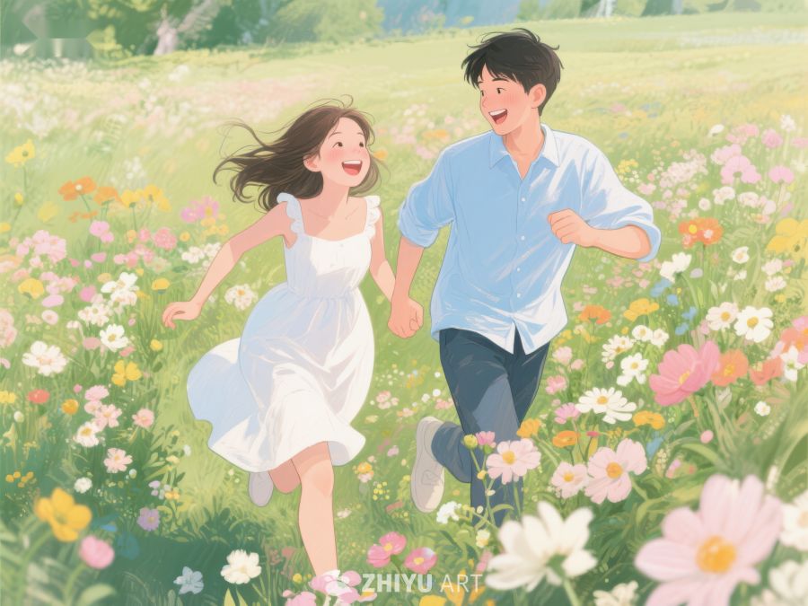 花海中奔跑的年轻情侣 337