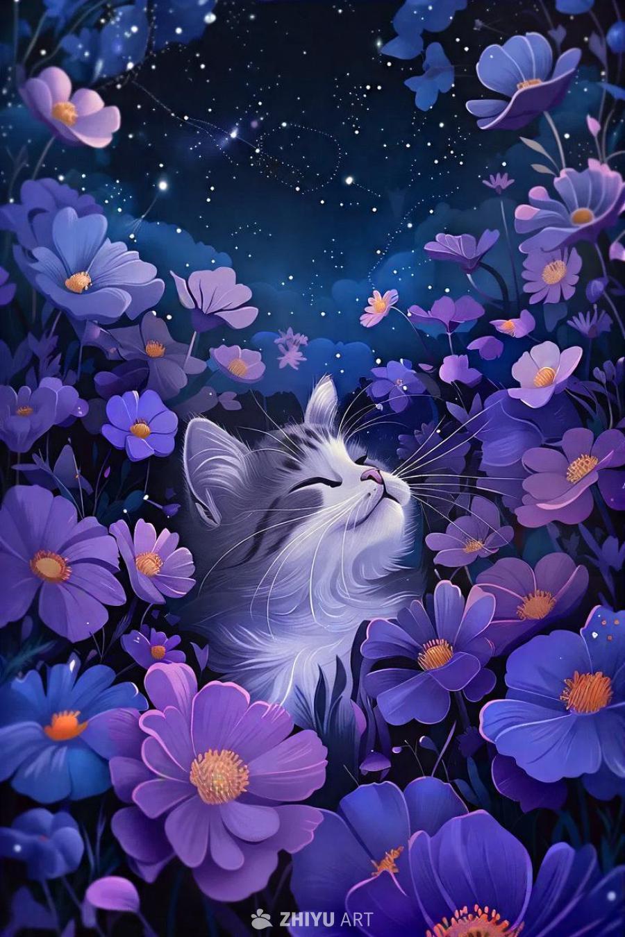 一只猫咪在一片广阔的皇家紫色花海中，背景逐渐过渡到