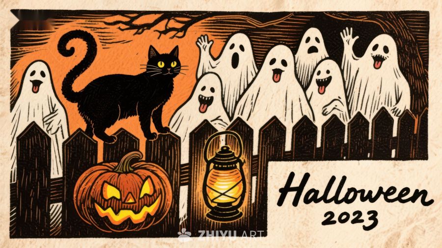 2023万圣节幽灵与黑猫