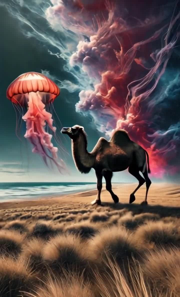 海滩骆驼与粉色水母奇幻景象
