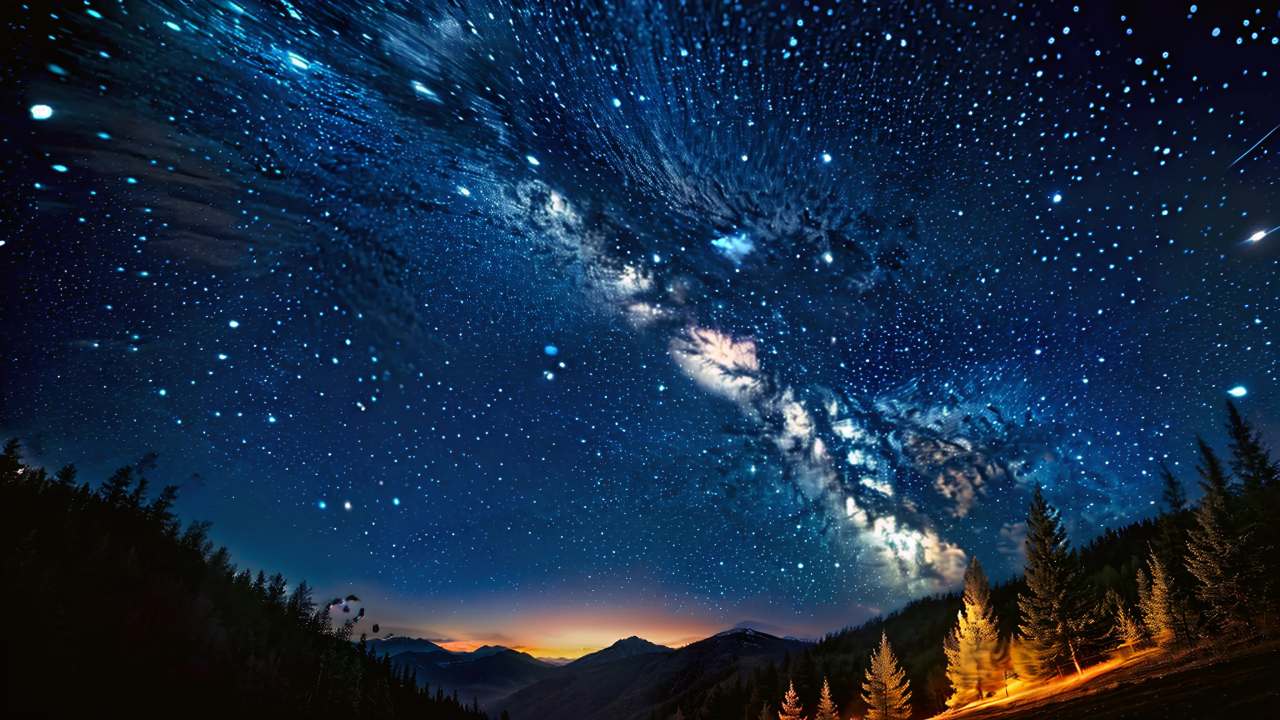 夜空中繁星点点，一条银河横贯天际，呈现出明亮的云状