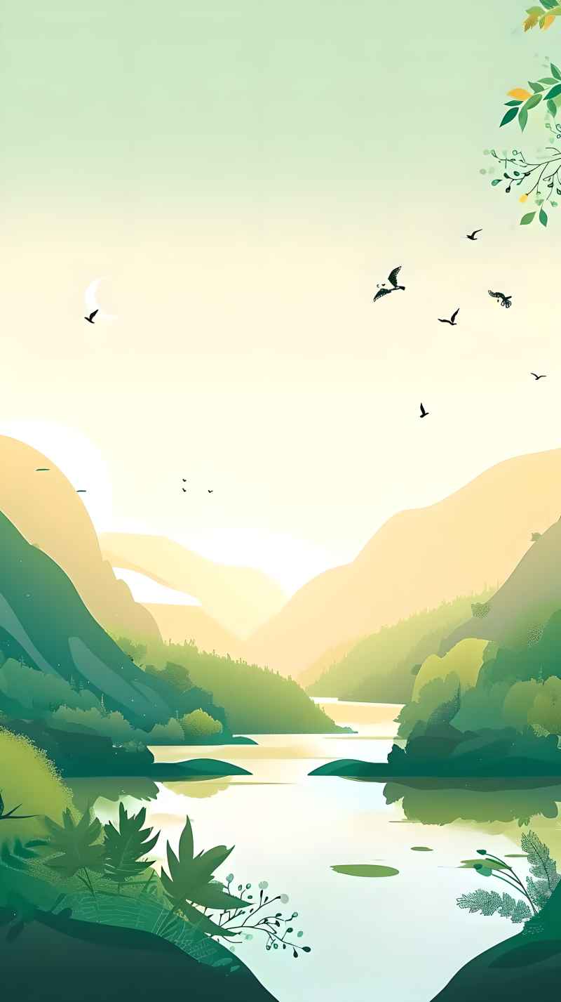 一幅卡通风景画上面有一条河和几只鸟 5