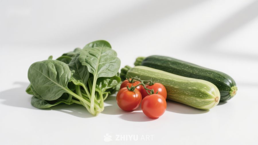 新鲜蔬菜组合：菠菜、樱桃番茄和黄瓜