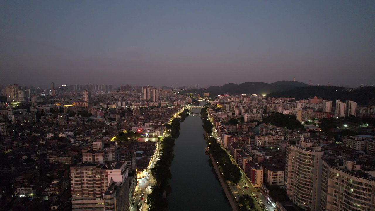 广东江门日落晚霞夜幕降临航拍