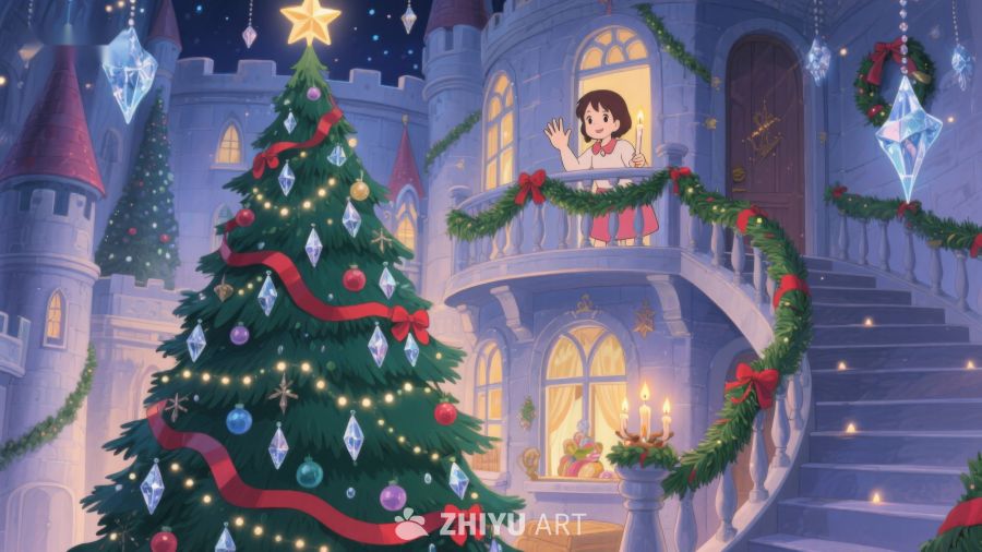 城堡中的圣诞树与小女孩 5