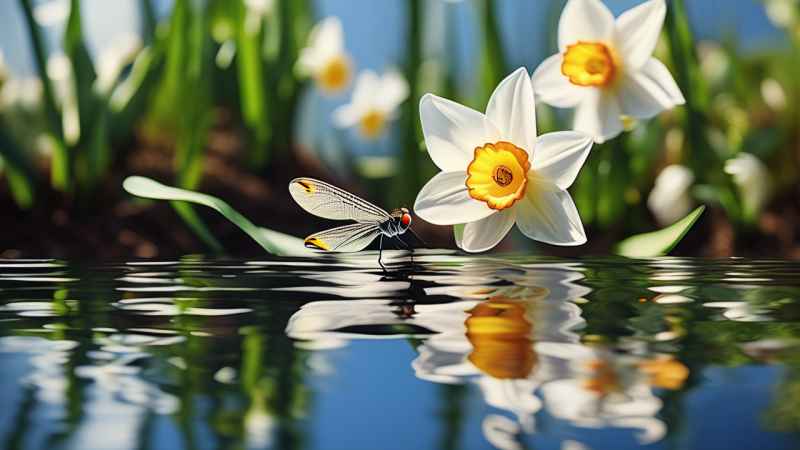 水仙花丛，水面反射出花朵的倒影 3