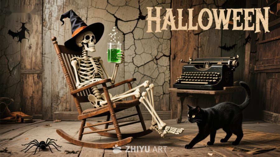 万圣节场景：骷髅与黑猫