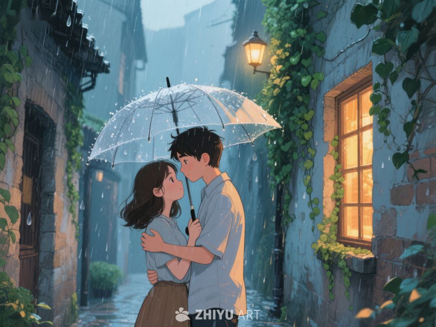 雨中伞下情侣温馨相拥 1179
