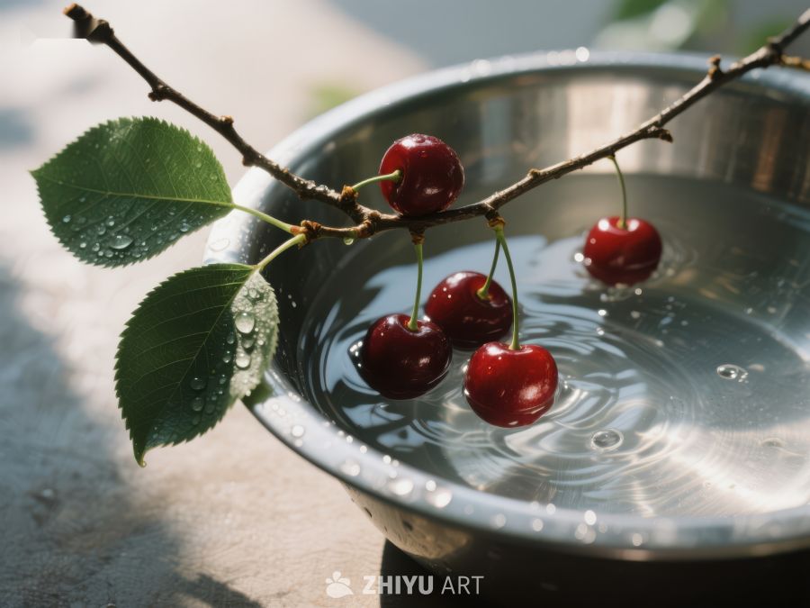 樱桃枝条浸入水中，水波荡漾 824