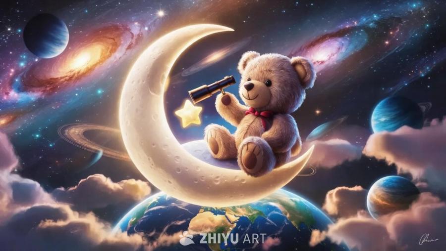 泰迪熊坐在新月之上，下方是发光的地球。泰迪熊表情梦