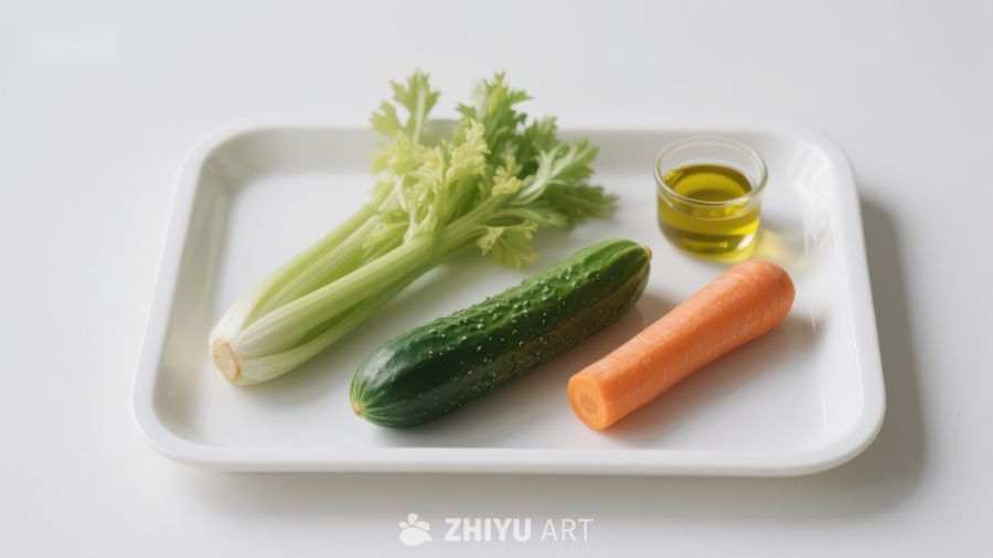 新鲜蔬菜与橄榄油摆盘