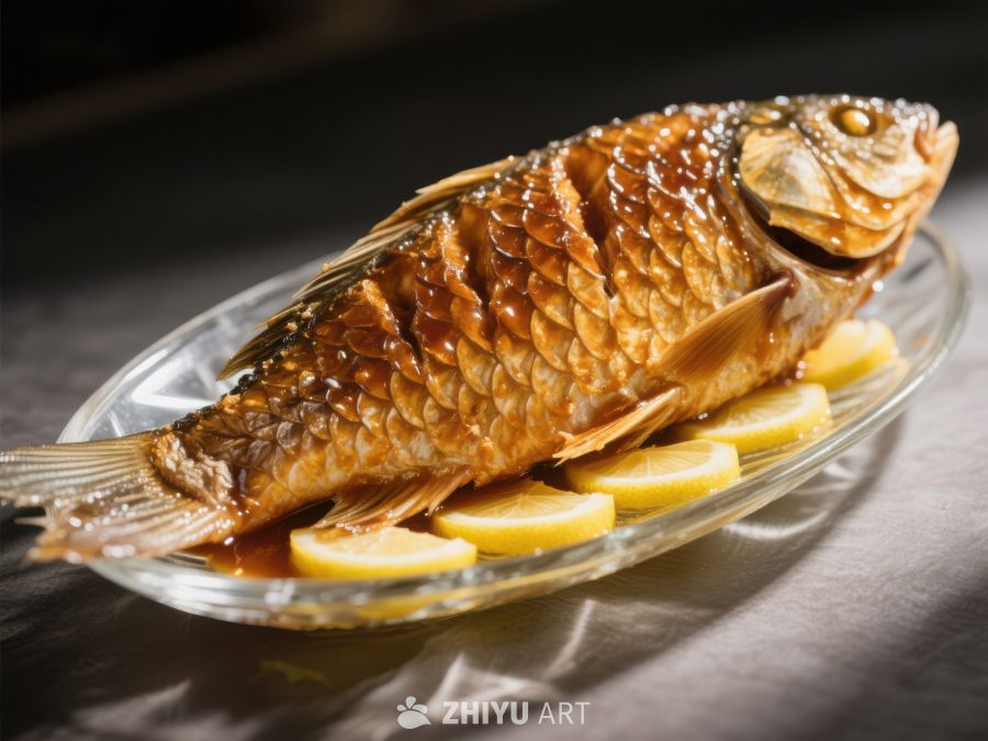 烤鱼配柠檬，美味佳肴 444