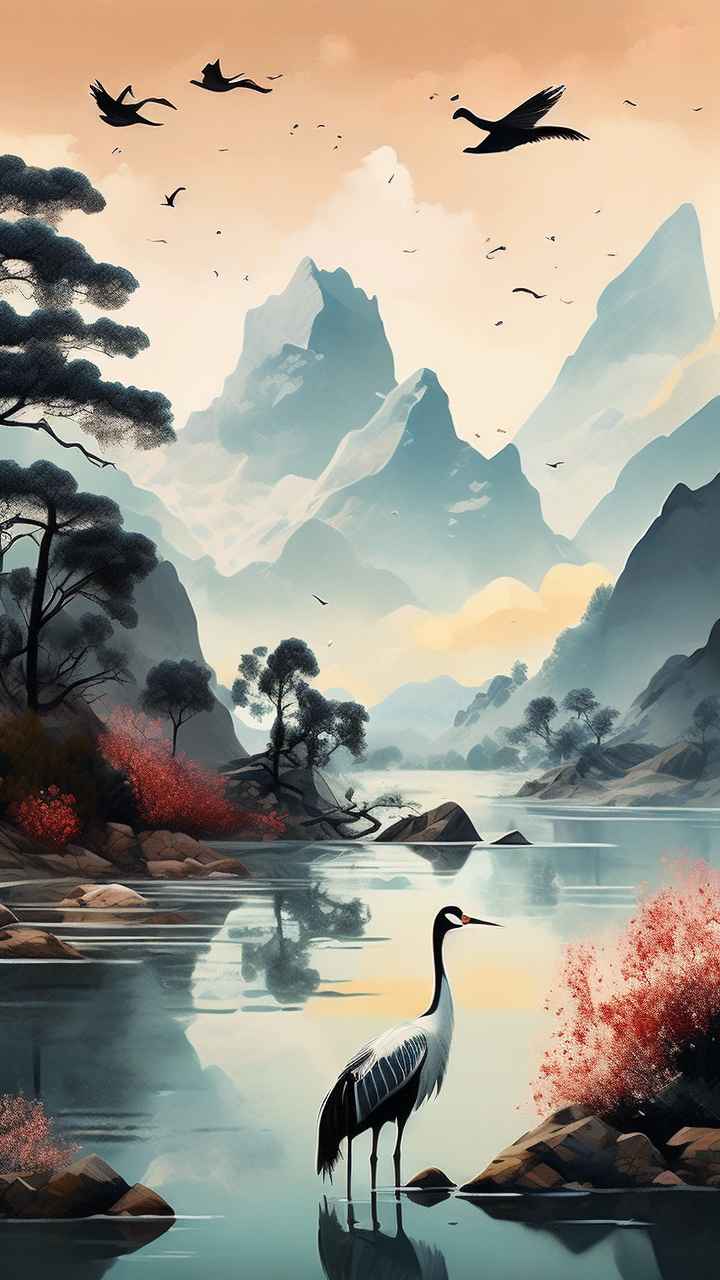 国风山水鹤插画背景 5