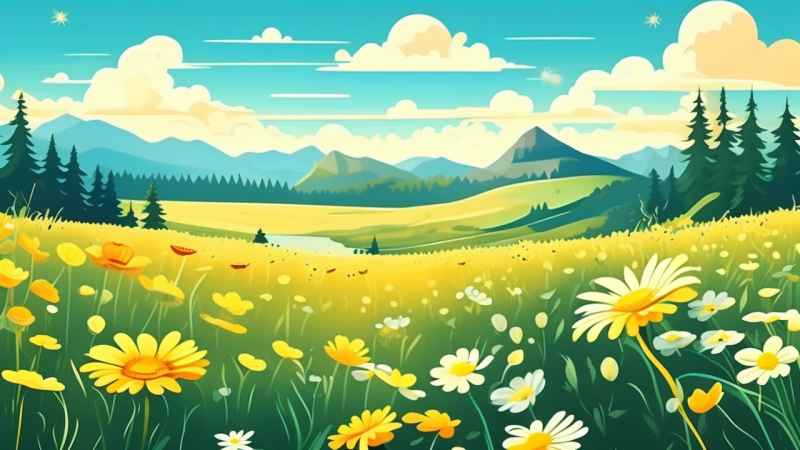 一幅草地的野花在地平线上 10