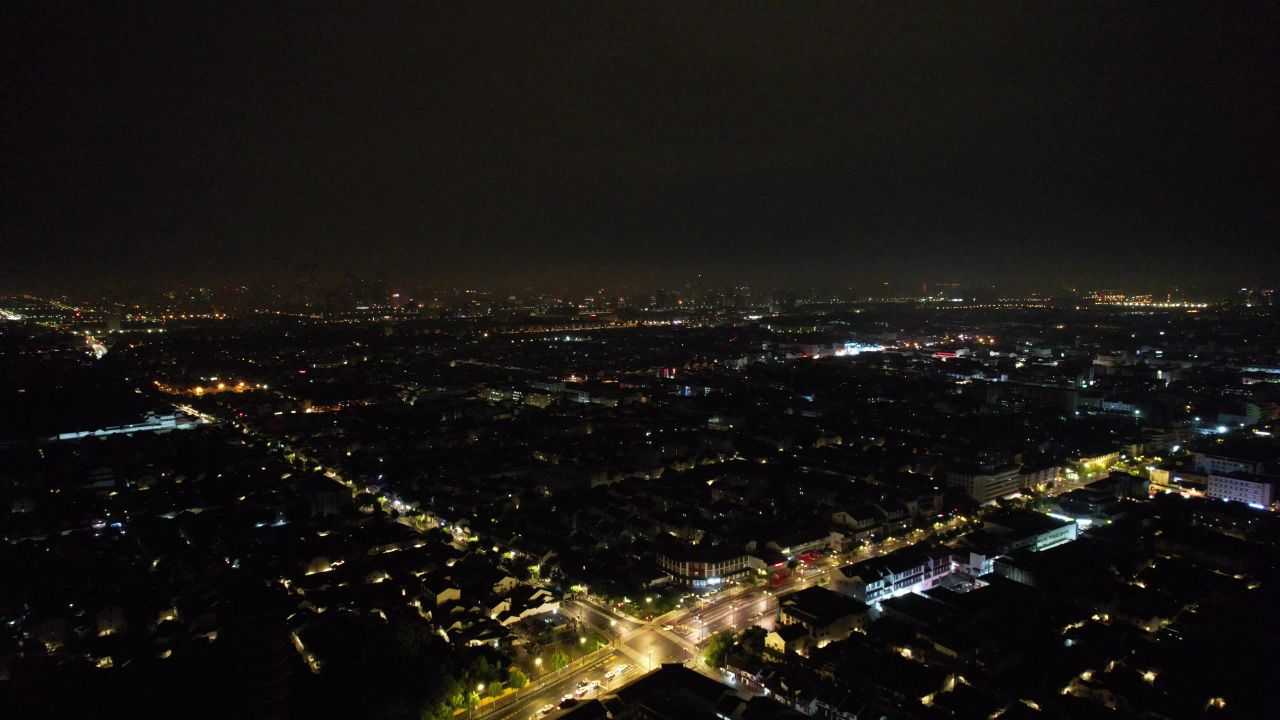 江苏苏州姑苏区老城区夜景灯光航拍 
