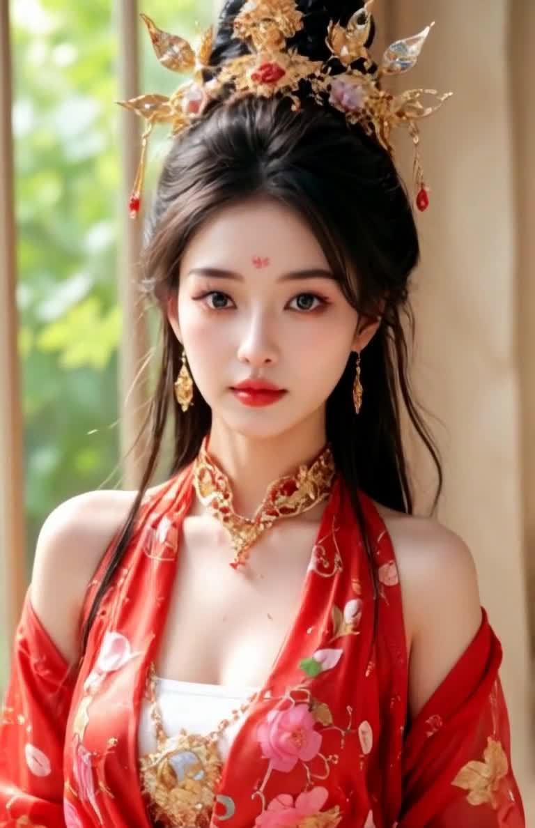 古典美人身着红衣，头戴金色发饰，凝视前方。