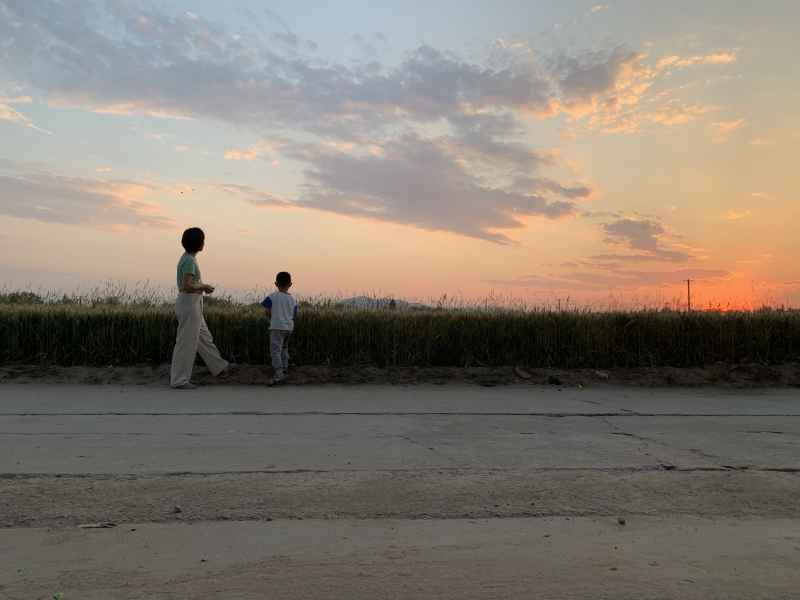 田野间街道旁 落日晚霞妈妈和孩子一起散步背影