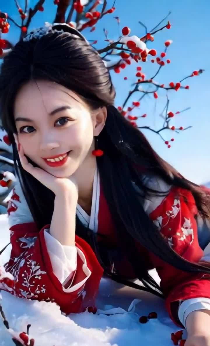 雪地红衣美人，红耳坠点缀，花枝映衬蓝天。