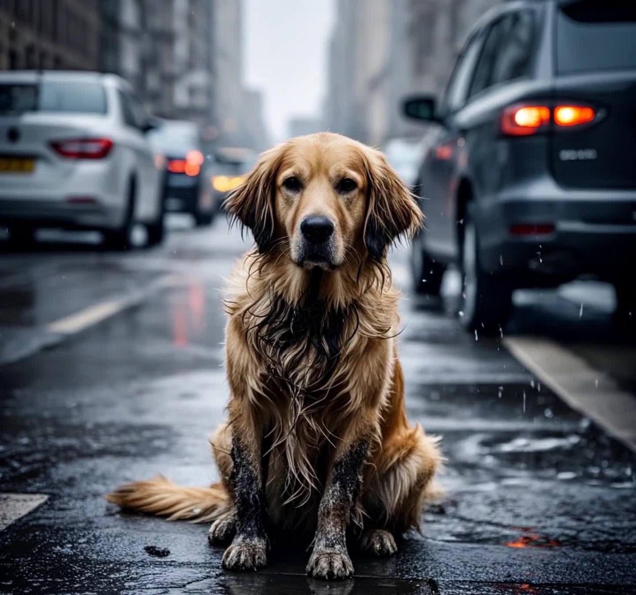 雨中泥泞金毛犬坐马路中央车辆行驶聚焦狗脸