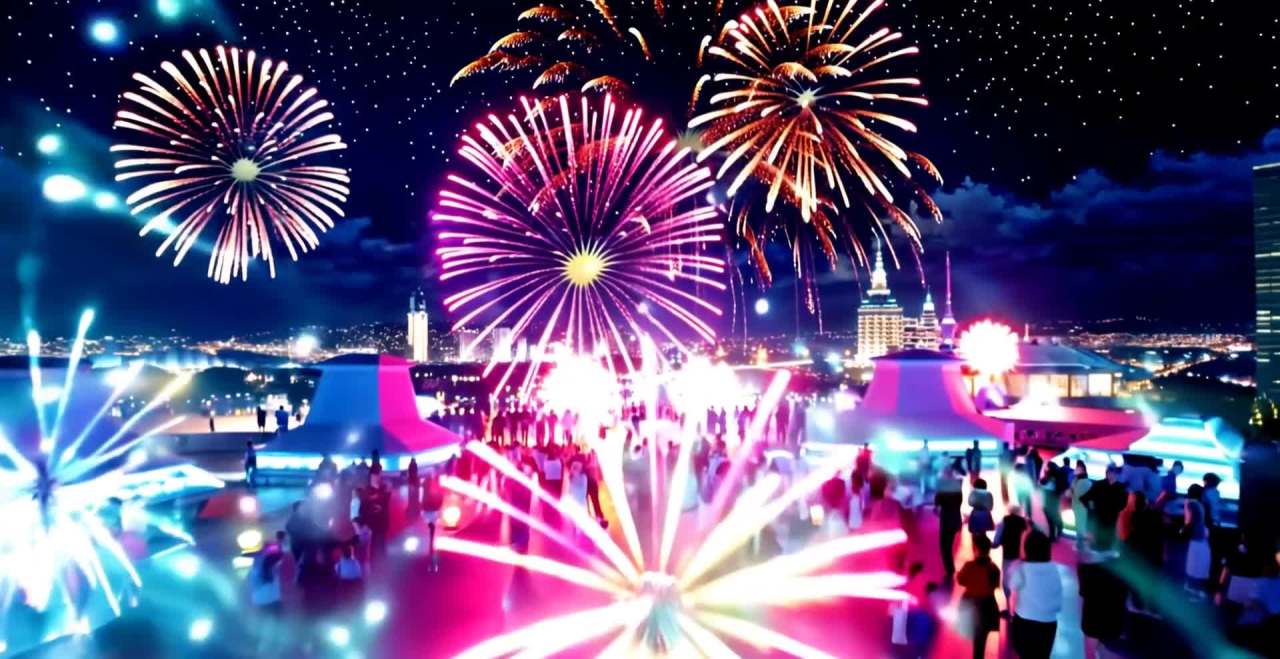 城市夜空烟花绽放，人群欢庆动漫超写实风