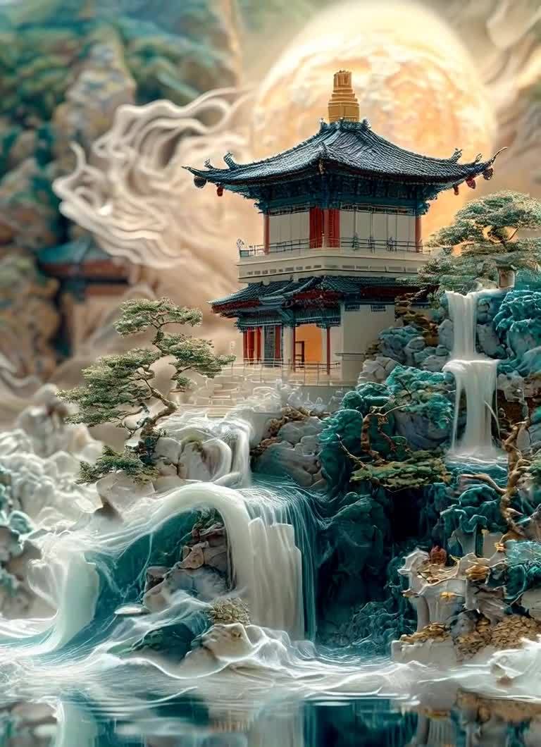 一座古色古香的亭台楼阁矗立在山水之间。亭台楼阁屋顶