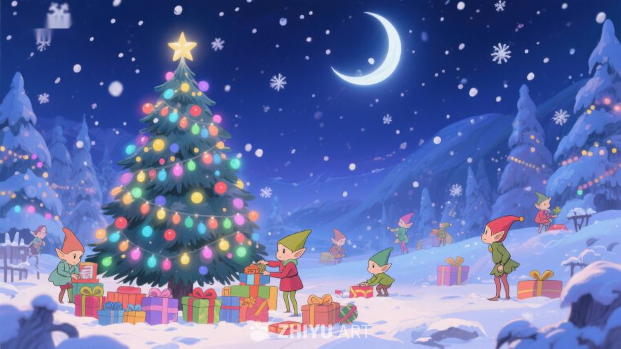 雪夜精灵围绕圣诞树庆祝 363
