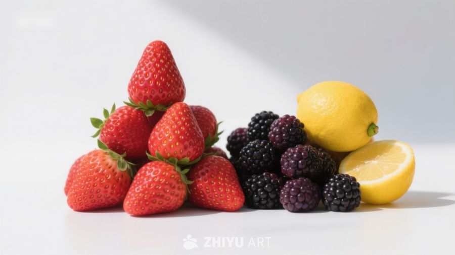 新鲜水果组合：草莓、黑莓与柠檬
