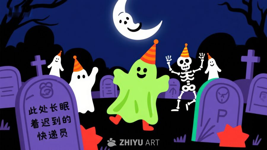 万圣节墓地里的欢乐幽灵和骷髅