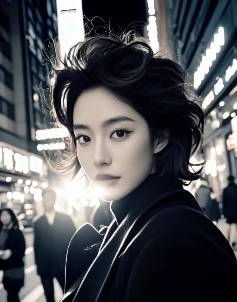 一位时尚美女站在闹市街头，背景是虚化的霓虹灯。人物