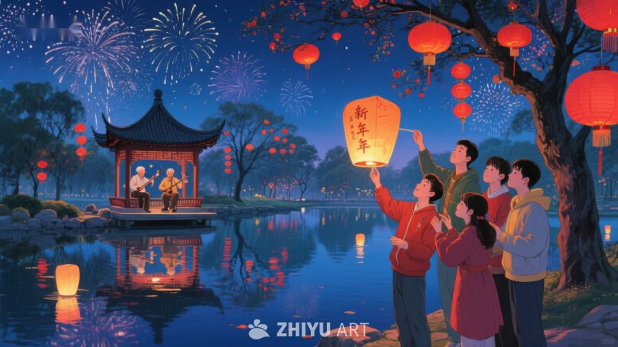 夜景中放飞灯笼的家庭 1195
