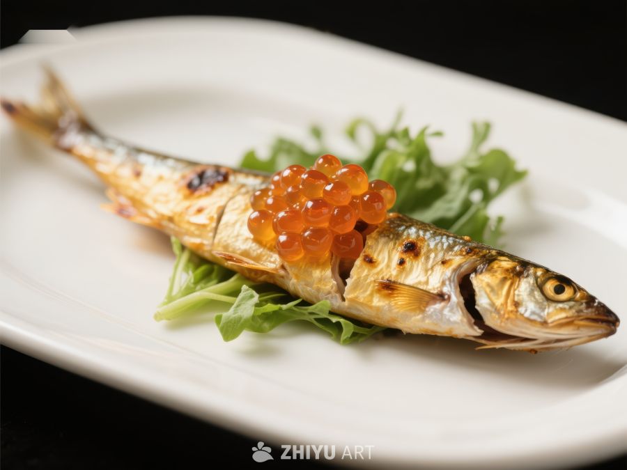 烤鱼配鱼子酱，点缀生菜