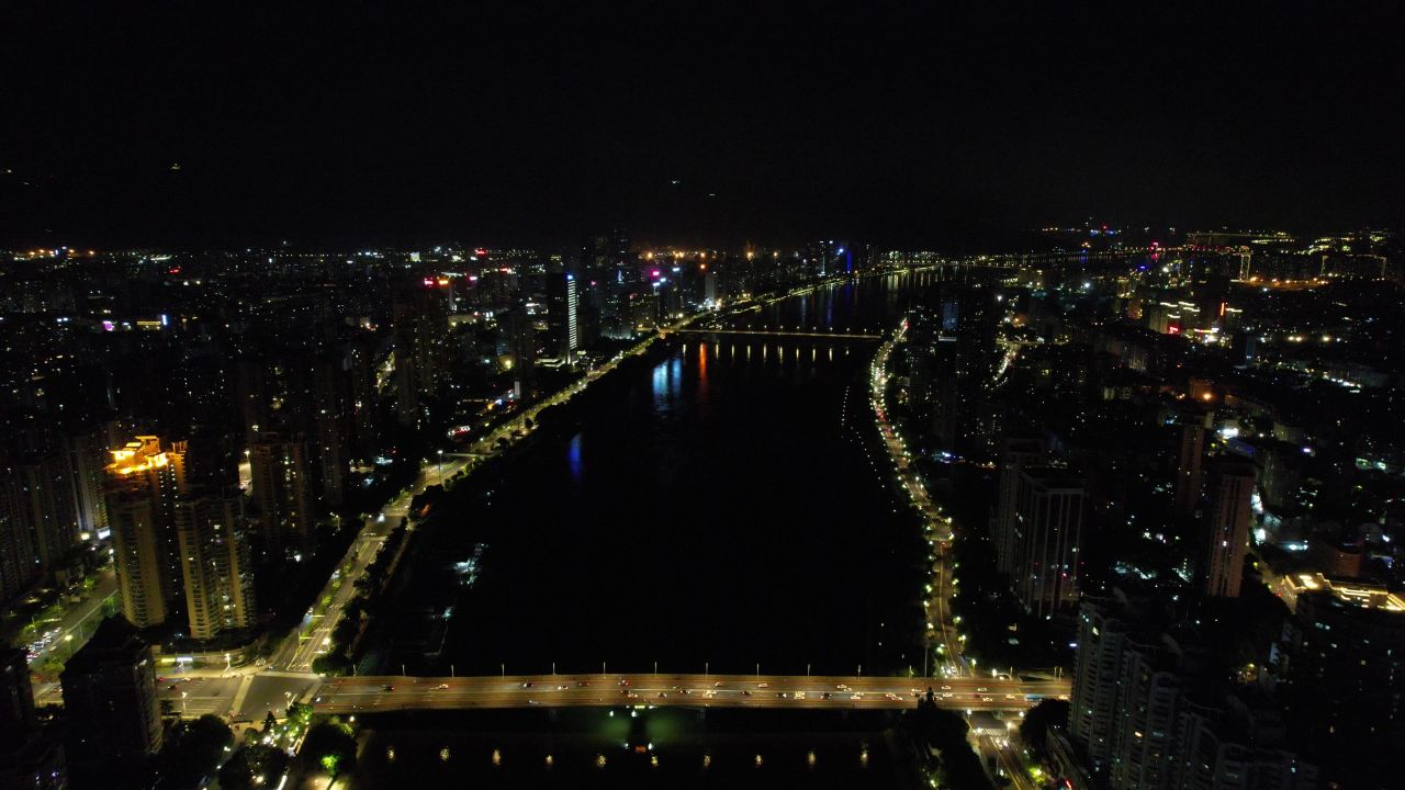 福建福州闽江两岸夜景航拍 